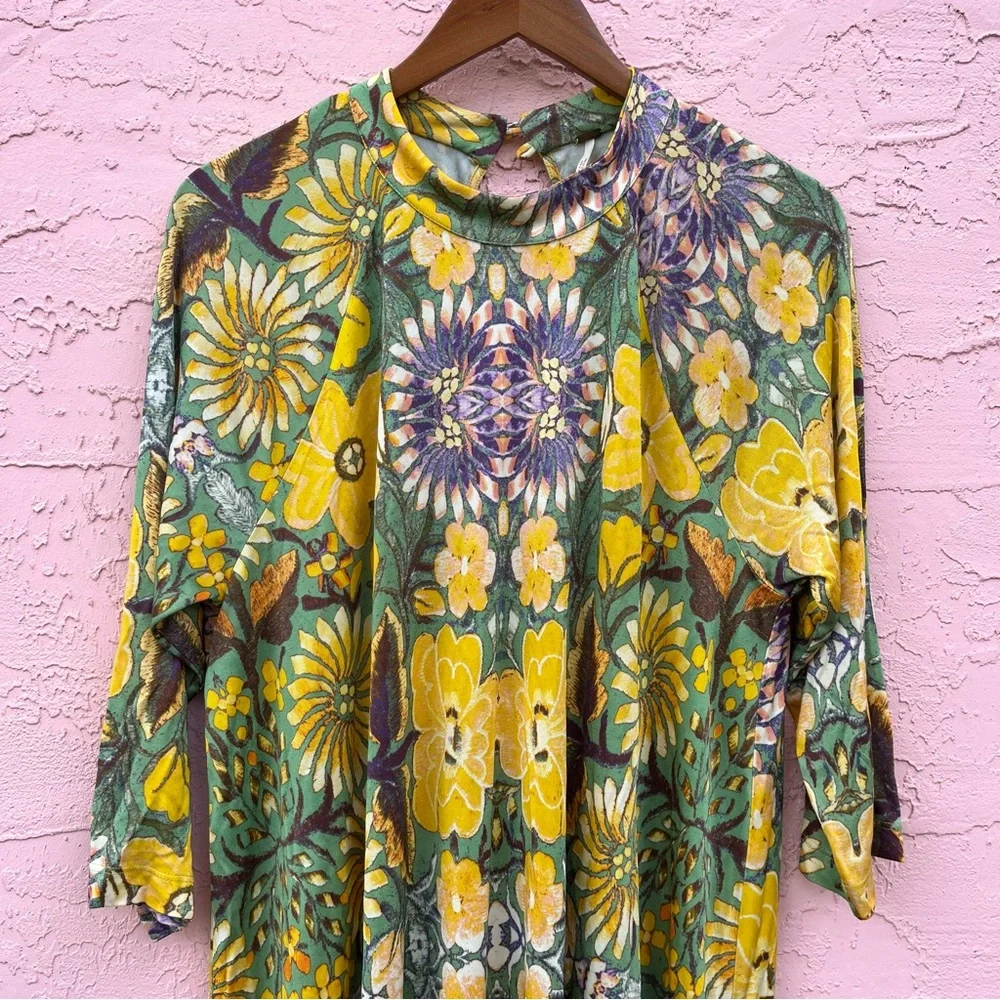 Free People Rayon Tortoise Floral Paisley Baroque Print Swing Dress Womens XL
